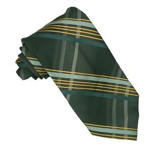 Vintage 70s Mens Wide Necktie Green Yellow Grey Plaid Tie